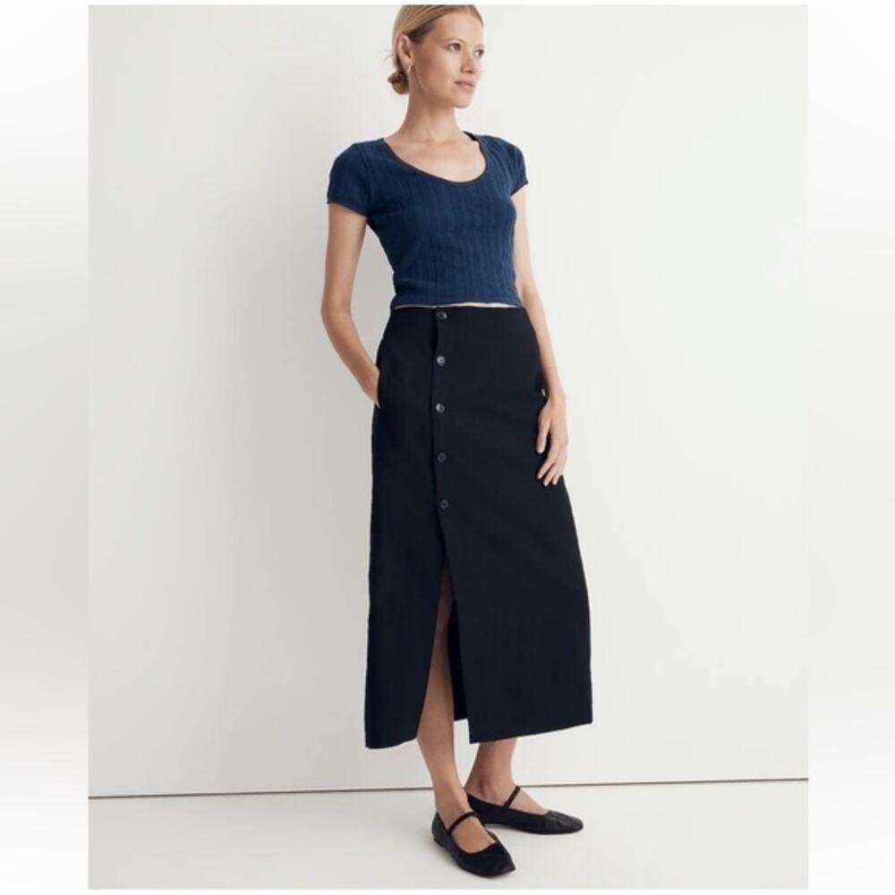 Madewell Linen Blend Button Front Midi Skirt Black High Rise Size 4